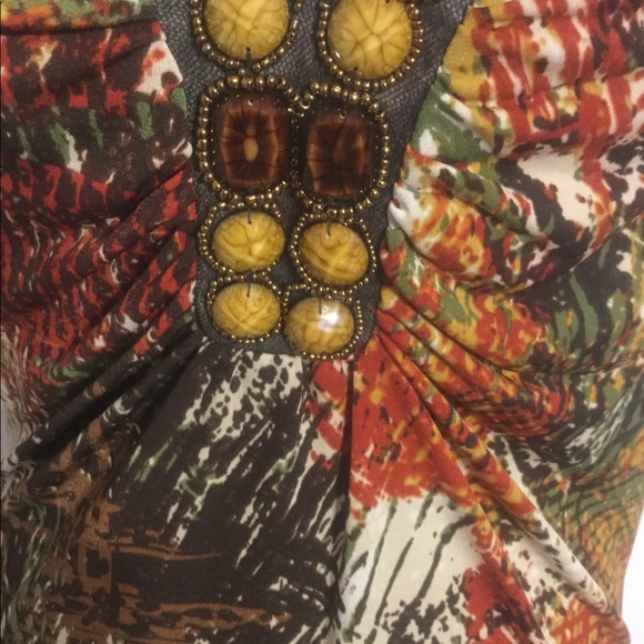 Dots Brown Multi Color V-Neck Beaded Halter Tunic Top NWT - Picture 4 of 9